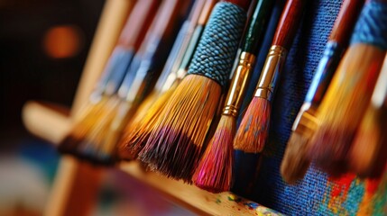 Colorful paintbrushes on easel, art studio