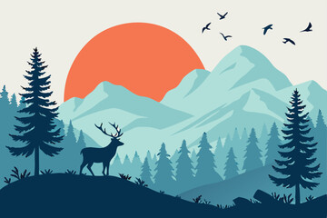 Fototapeta premium 55 Serene mountain landscape, vibrant sunset, silhouette of pine trees, misty forest, deer with antlers, birds flying, orange sun, layered mountains, blue hues, orange accents, digital illustration, m
