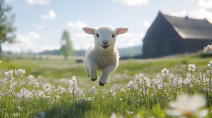 Lamb runs across flower meadow on a sunny day. Farmhouse in background