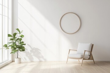 White minimalist living room interior with sunlight and empty circle frame