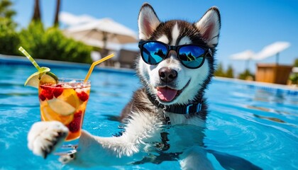 husky in sunglasses with a refreshing drink at the pool