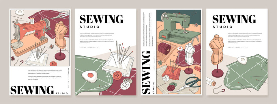 Set of sewing poster, web banner, cover, flyer design template. Atelier, craft, clothing, hand made background. Vector illustration of sewing machine, mannequin, pin cushion, needle, thread and button