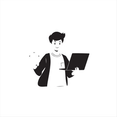 Minimalist flat vector silhouette in classic black and white. A young person holds a piggy bank and laptop.  Simple two-dimensional icons representing dollar signs, graphs, and crypto coins