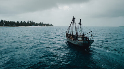 Aged Fishing Vessel Near a Remote Island