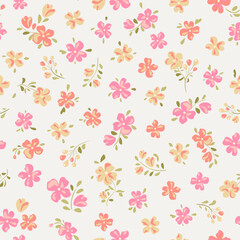 Vector illustration. Seamless pattern of pastel pink, yellow flowers on a light background. Delicate floral pattern, field of flowers, print for fabric, textile, wallpaper, baby clothes