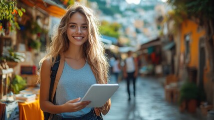 Smiling Woman Tourist in a Charming Italian Street