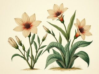 Fototapeta premium medicinal herbs and berries, traditional medicine Drawing of a flower with a green stem and a white flower.