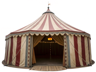 Colorful striped circus tent with open entrance and lit interior