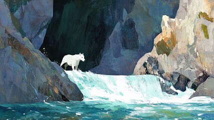 Arctic wolf crosses river between jagged rock formations in a vivid painting