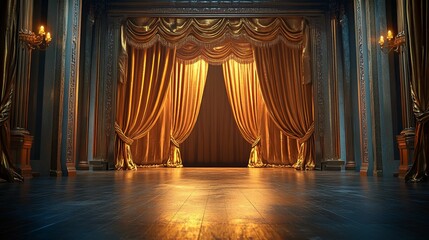 Grand golden theater drapes in a stately hall.