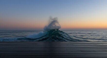 early morning dawn, empty wooden table for display or product showcase with blurry waves crushing beach background scene