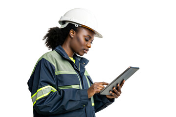 Construction worker using tablet in modern safety gear