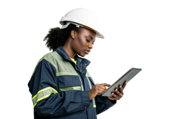 Construction worker using tablet in modern safety gear