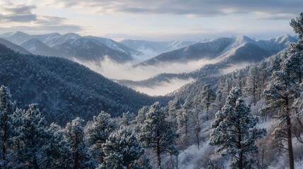 Obraz premium Majestic winter landscape with snow-covered mountains and fog in a serene valley surrounded by evergreen trees