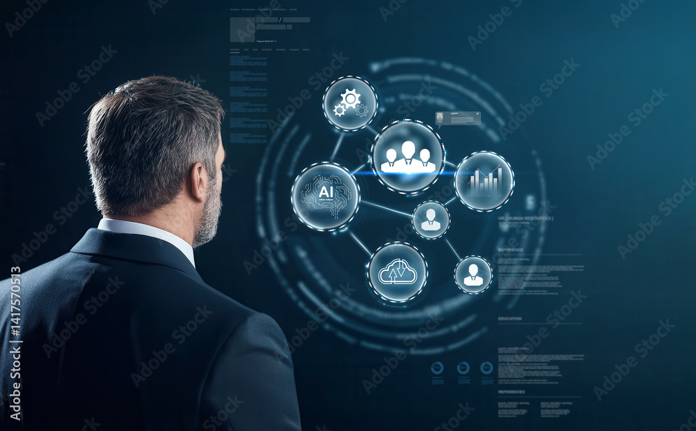 Aufkleber business executive analyzes digital data and technology, showcasing career evolution and innovation in modern workspace. image reflects focus on artificial intelligence and networking