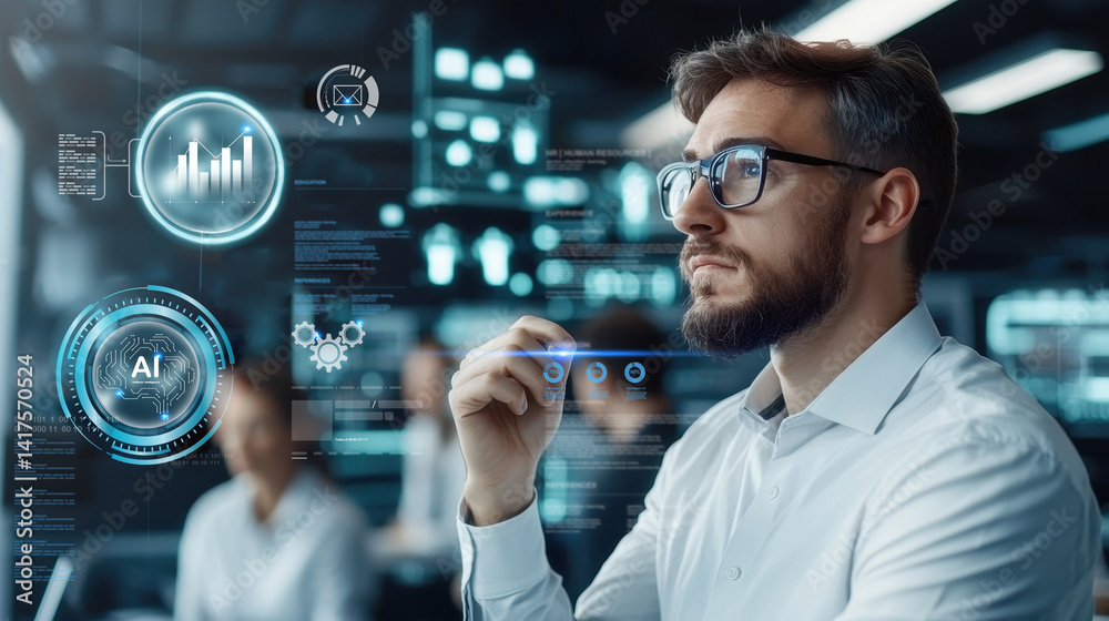 Poster thoughtful employee in modern workspace analyzes data and technology, surrounded by digital interfaces and futuristic elements, reflecting innovation and collaboration