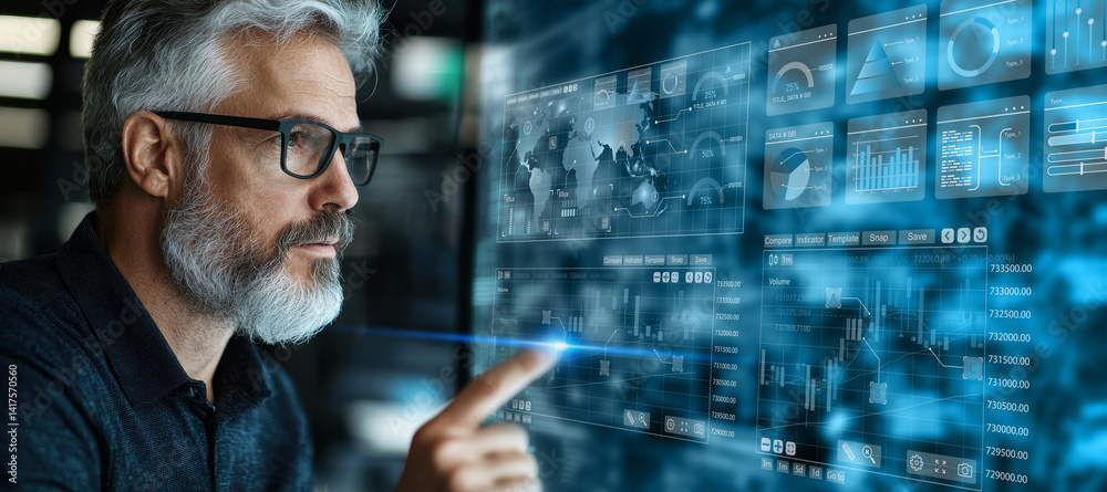 Poster professional trainer analyzing digital data on futuristic interface, showcasing advanced technology and digital skills. scene conveys sense of innovation and expertise