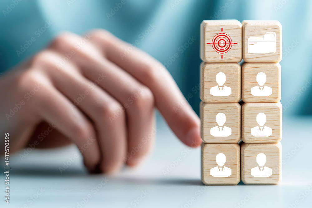 Fototapete Building tower of wooden cubes, professional hand carefully stacks blocks featuring icons representing users and target symbol, symbolizing focus and organization in business