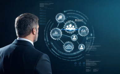 business executive analyzes digital data and technology, showcasing career evolution and innovation in modern workspace. image reflects focus on artificial intelligence and networking