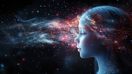 A child's profile, rendered in glowing particles, exhales a stream of colorful light against a dark background.