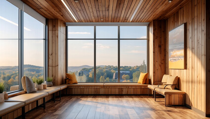 Fototapeta premium Elegant wooden office interior with panoramic view