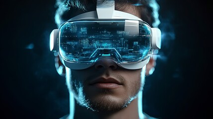 Close up of a man wearing a virtual reality headset, with a futuristic blue digital interface overlay.