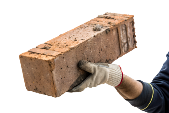 Hand holding a brick with a transparent background
