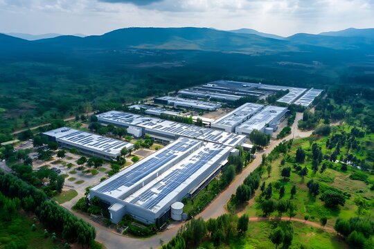Large data center from above with solar panels for sustainable energy use  
