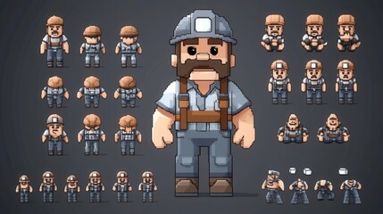 Pixel art sprite sheet of a male construction worker in various poses and actions.
