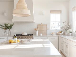 Monochromatic kitchen, white countertop and cabinets, subtle texture play, soft natural light