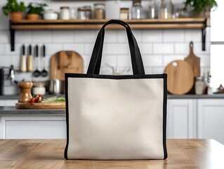 Fashionable large canvas tote bag with black trim, white background, and a kitchen scene in the background, high-resolution product photograph