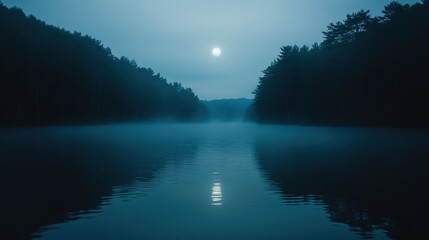 Moonlit lake glows with mist and surrounding trees in a serene yet surreal nighttime setting