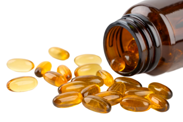 Omega 3 supplements spilling from a clear brown bottle
