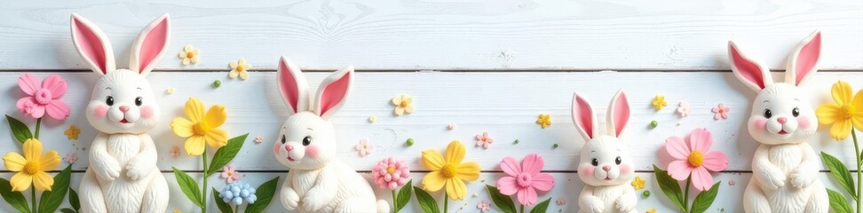 Charming bunny garland on whitewashed wood  Perfect for spring greetings , pastel colors, easter bunny