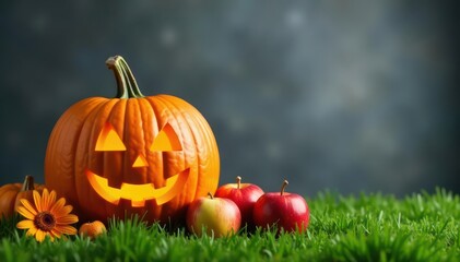Carved pumpkin, apples, flowers on green grass against grey backdrop , autumn colors, photography, jack-o-lantern