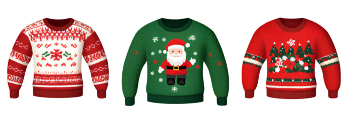 3 Christmas sweaters  isolated on a transparent background