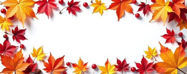 Colorful autumn foliage & berries forming a border on white background , stock, celebration, photo