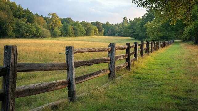 Weathered wooden fence divides idyllic fields from tranquil forests, showcasing rustic charm. -