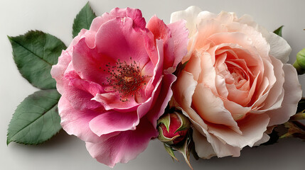 Beautiful Pink and Peach Roses with Green Leaves on Flat Surface