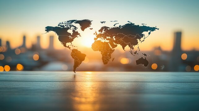 World map graphic sunset city skyline - Powered by Adobe