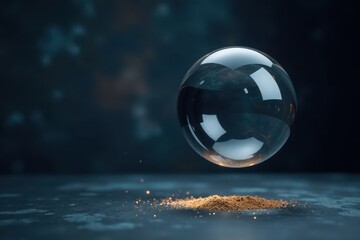 Empty glass orb suspended in mid-air against a dark, textured backdrop , air, suspension