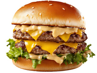 A cheeseburger with double meat, lettuce and tomato on the side of it, transparent background