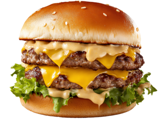 A cheeseburger with double meat, lettuce and tomato on the side of it, transparent background