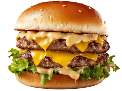 A cheeseburger with double meat, lettuce and tomato on the side of it, transparent background