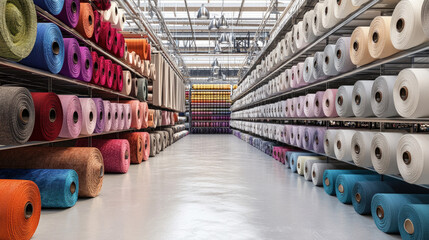 Colorful fabric rolls arranged on shelves in a spacious warehouse, showcasing variety, texture, and order under industrial lighting in a textile or carpet store.