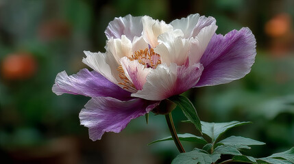 Fototapeta premium Beautiful Peony Flower in Lavender and White Colors with Green Leaves