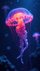 Obraz premium Ethereal glowing jellyfish float in a pixelated ocean , stardust, cosmos