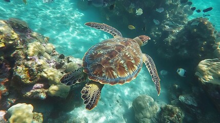 Obraz premium A sea turtle swimming over a coral reef with schools of fish