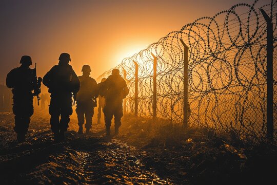 A person with a backpack being deported near the border. Barbed wire and border patrol officers visible in the background.