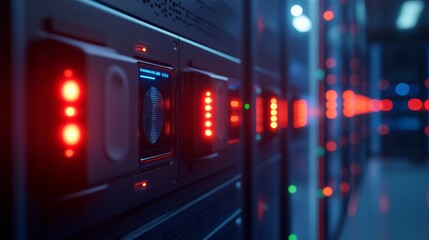 Data center servers in action modern facility technology high-tech environment close-up view